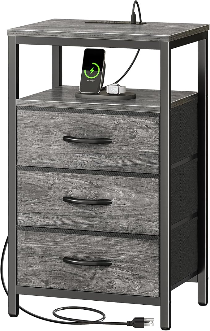 Huuger Nightstand with Charging Station, 27.6 Inch End Table Bedside Table with USB Ports and Outlets, Night Stand for Bedroom, Fabric Drawers, Grey
