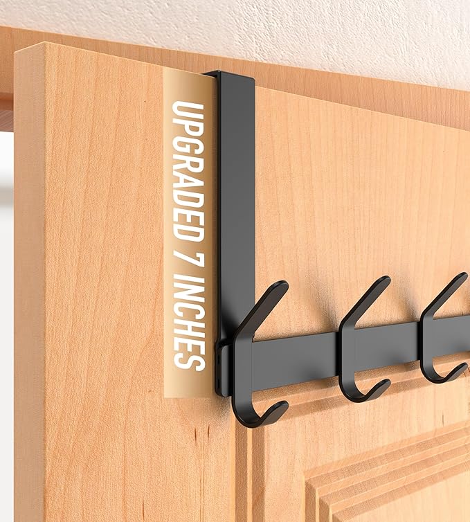 Over The Door Hooks Hanger with 7" Arms for Hanging Heavy Coats, Towel, J7U, Perfectly Fits US Standard 1 3/4-inch Doors, Towel Rack Bathroom Organizer Holder, Rustproof, Black