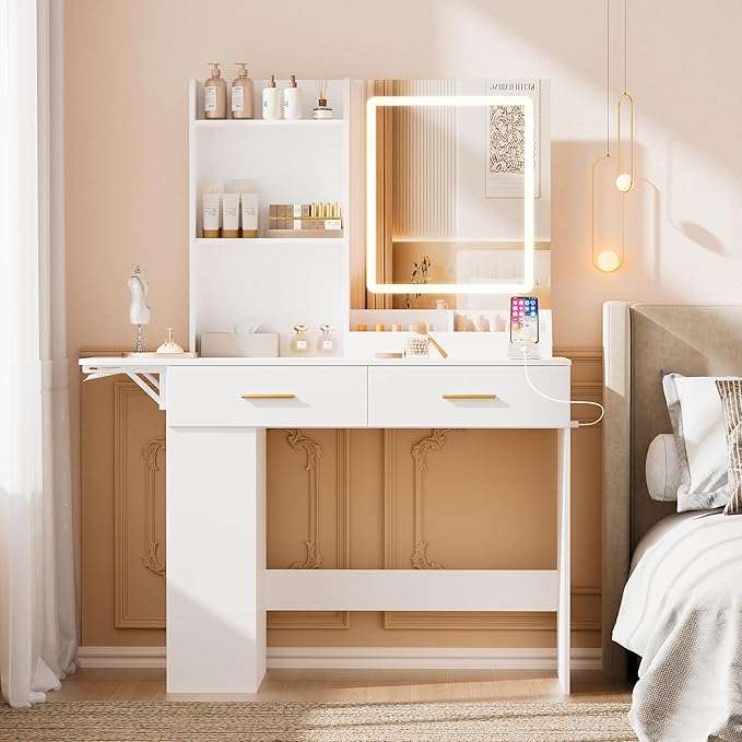 Vanity Desk with Mirror and Lights, 43.31" 4-Drawers Makeup Table Without Stool, Extra Foldable Desk with 3 Open Shelves Dressing Table for Girls and Ladies Bedroom, White and Gold