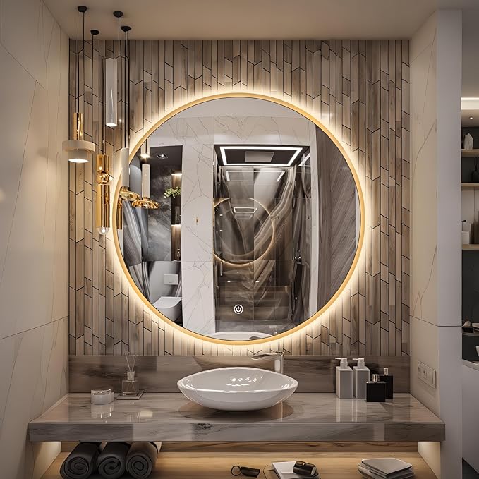 30" Round LED Bathroom Mirror, Wall Mounted Round Backlit Mirror LED Bathroom Vanity Mirror with Lights Fog Free Circle Lighted Mirror with Gold Frame, Smart Light up Mirror 3-Color
