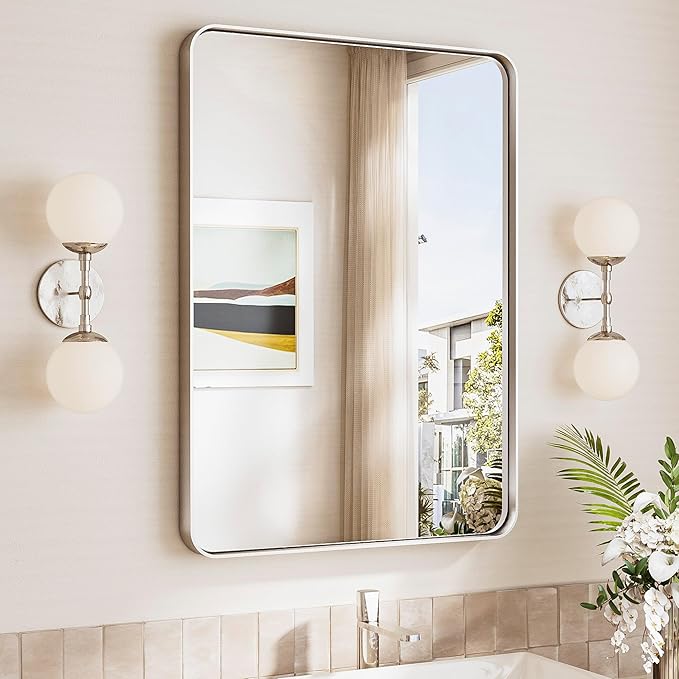 TokeShimi Brushed Nickel Bathroom Mirror 22x30,HD Tempered Glass,Silver Bathroom Vanity Mirror for Over Sink,Aluminum Framed Mirror Wall(Horizontal/Vertical)