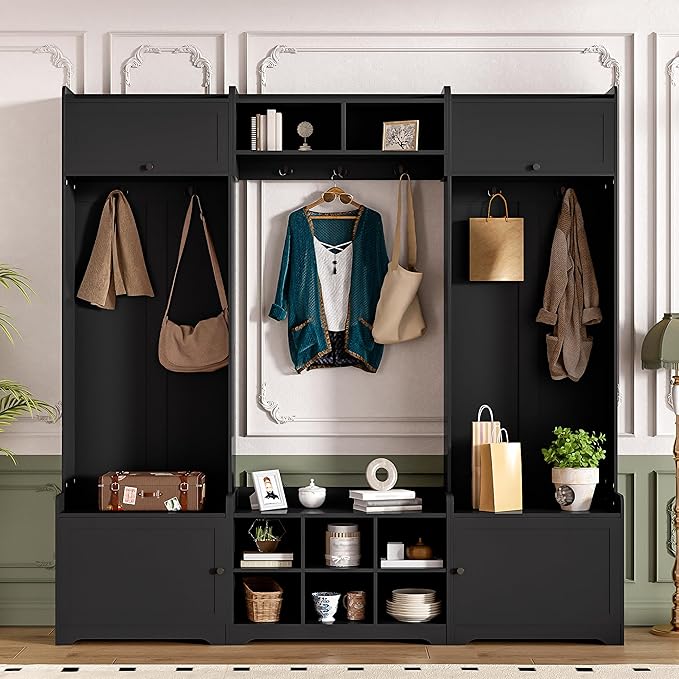79.1''Wide Modern Hall Tree with Shoe Storage and 7 Coat Hooks, 4-in-1 Entryway Bench with 8 Cubbies and Adjustable Shelf for Hallway, Living Room (Black/78)