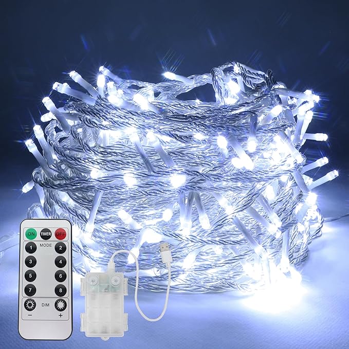 33 FT 100 LED Fairy Lights USB Battery Operated Clear Wire with Remote Control, 8 Modes String Lights with Timer Starry Twinkle Lights for Indoor Bedroom Party Christmas, Cold White
