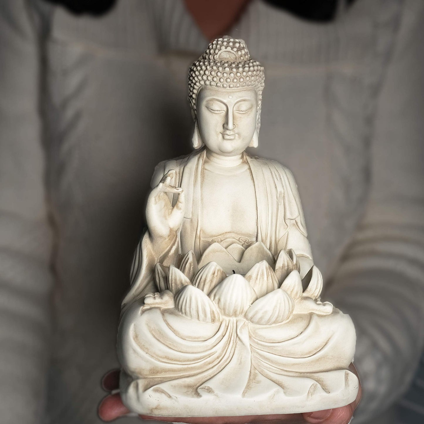 Bella Haus Design Buddha Tealight Candle Holder Statue – 8.5” Tall Polyresin - Zen Home and Garden Decor - Includes 3pcs Tea Lights and Free Candle Snuffer for Office, Indoor, Outdoor Decoration