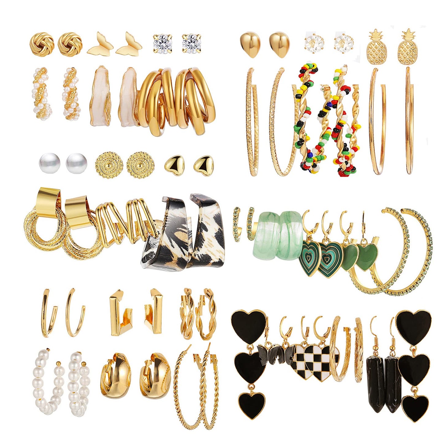 JMScape 34 Pairs Gold Hoop Earrings Set for Women, Fashion Drop Dangle Earring Packs Black Hearts Earrings Multipack Hypoallergenic Earrings for Valentine's Day Gifts