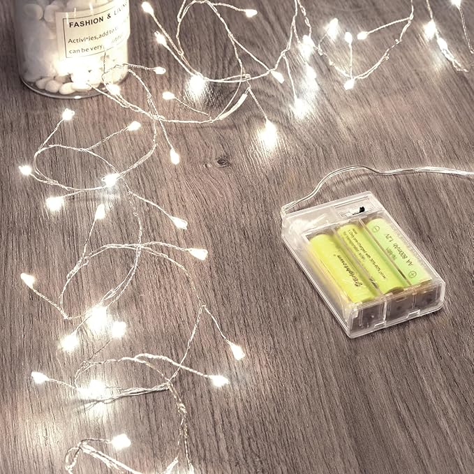 Fairy Lights Battery Operated, Firecracker String Lights Waterproof Silver Wire 5 Feet 60 Led Cluster Starry Lights for DIY Wreath Home Wedding Party Bedroom Mason Jar Holiday Christmas, Pure White