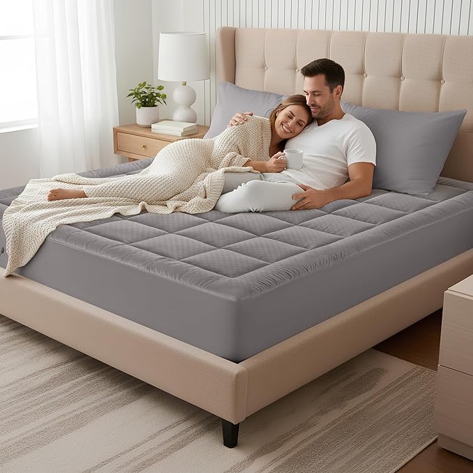 OLANLY Twin Quilted Fitted Mattress Pad – Soft Down Alternative Pillow Top Mattress Topper, Cooling Comfort Breathable Mattress Cover, Machine Washable Deep Pocket Mattress Protector, Light Grey