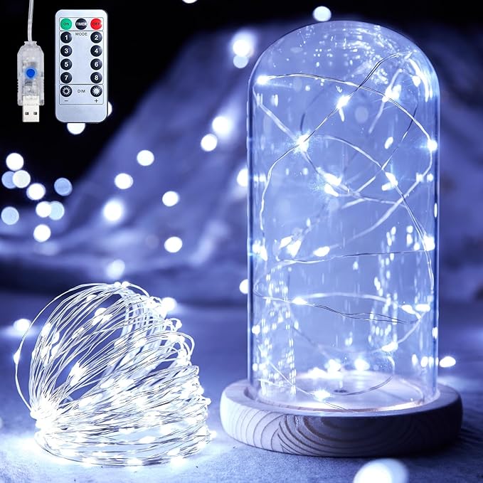 Minetom USB Fairy Lights Plug in, 66 Feet 200 LED Twinkle String Lights with Remote and Timer, Waterproof 8 Modes for Bedroom Indoor Wreath DIY Party Wedding Christmas Holiday Decoration, Pure White