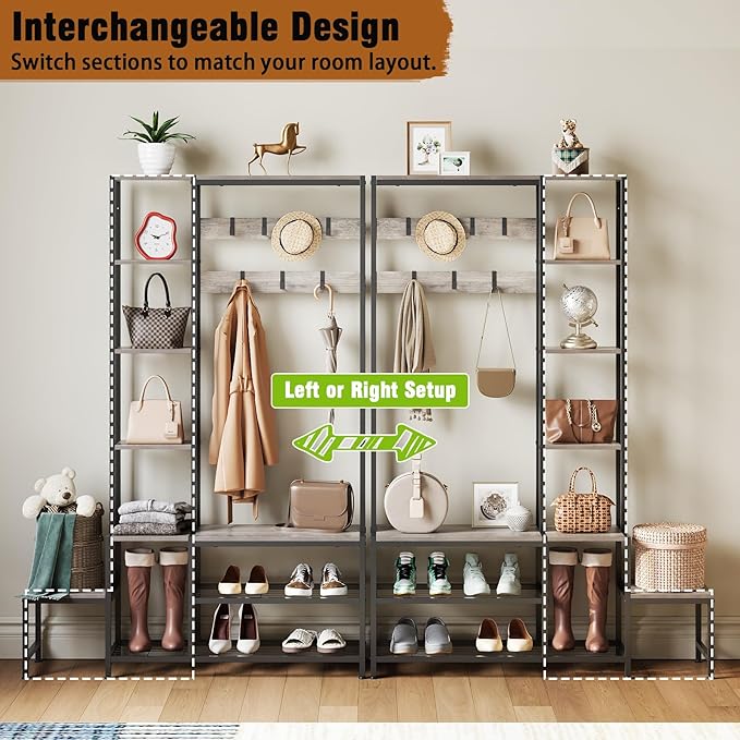 Hall Tree with Shoe Storage Bench Coat Rack with 7 Hooks Interchangeable 4 Tier Side Storage Shelves Small Cute Side Bench Industrial 5-in-1 Entryway Coat Rack for Hallway Mudroom Bedroom