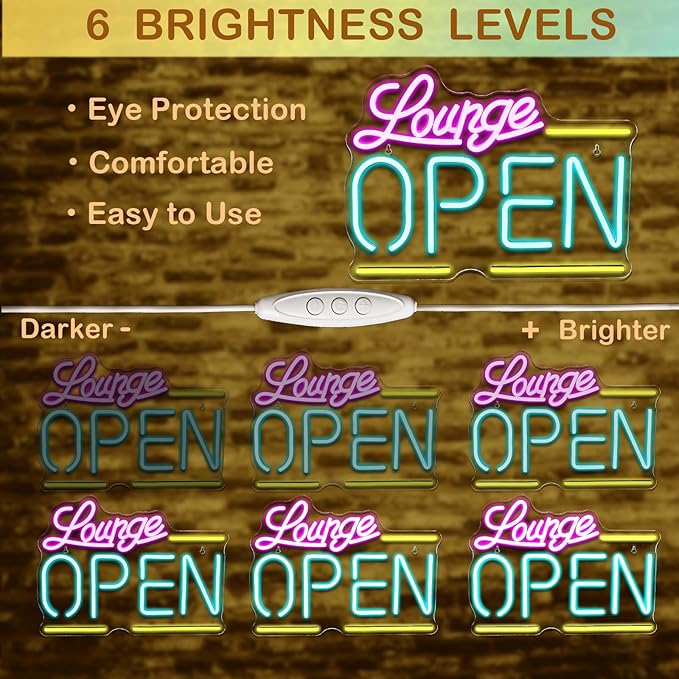 Lounge Open Neon Signs,Bright Led Light, Dimmable, for Business Walls, Shop Coffee, Salon Hotel Store 16.5'' * 12.2'' (USB Powered)