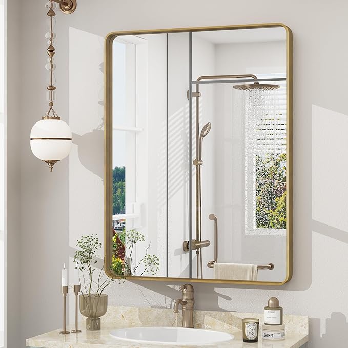 22x30 Brushed Gold Bathroom Mirror, Metal Gold Framed Vanity Mirror, Modern Rectangle Wall Mirror for Entryway, Anti-Rust (Horizontal/Vertical)