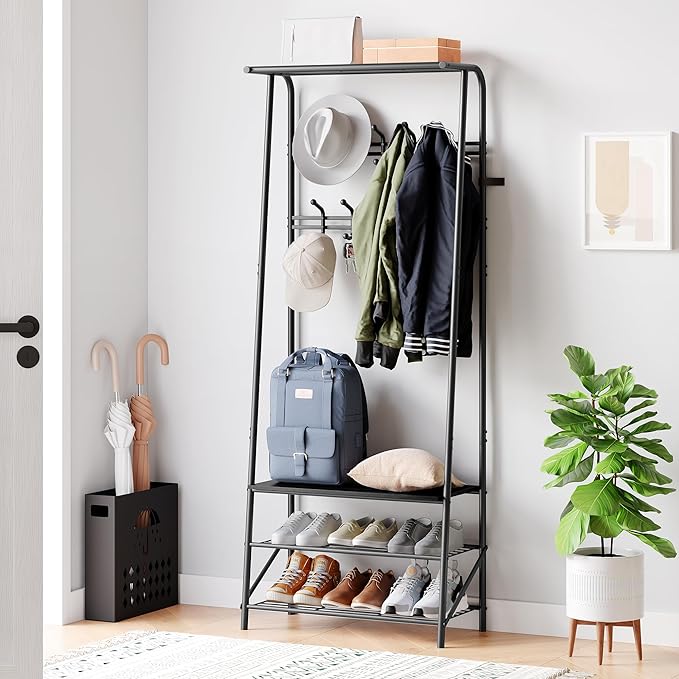 Coat Rack Hall Tree with Shoe Storage Bench, 4-in-1 Entryway Organizer, 10 Hooks & 3-Tier Shoe Rack, Freestanding Metal Frame for Hallway, Front Door