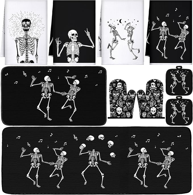 Fourluoo 10 Pcs Skeleton Kitchen Set Kitchen Towels and Rugs Oven Mitts and Pot Holders Gothic Decor and Accessories for Gift Cooking Baking Grilling