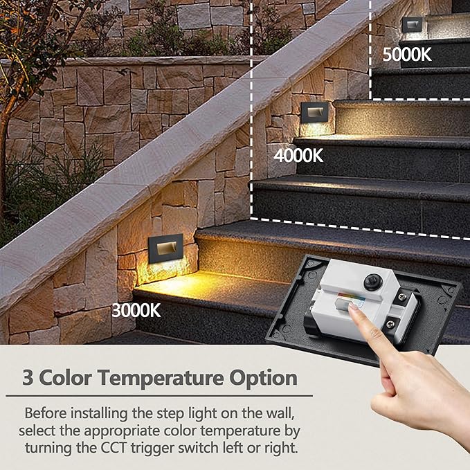 FTL Stair Lights Indoor LED Step Lights Outdoor, 3CCT 12V Low Voltage Deck Step Light 3000K/4000K/5000K 3.5W 150LM, Horizantal Waterproof Black Aluminum Light for Steps, 4-Pack