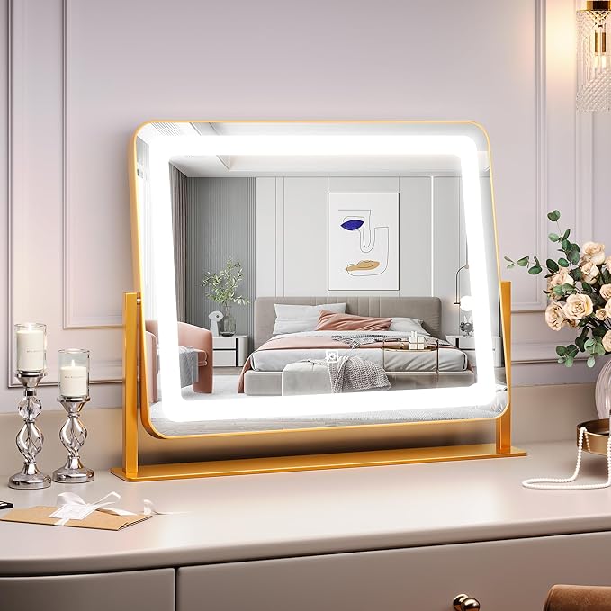 IDEALHOUSE Vanity Mirror with Lights, 20"x17" Lighted Makeup Mirror, LED Desk Mirorr with 360° Rotation, Dimmable 3 Modes, Smart Touch Control for Bedroom or Tabletop(Square,Gold)