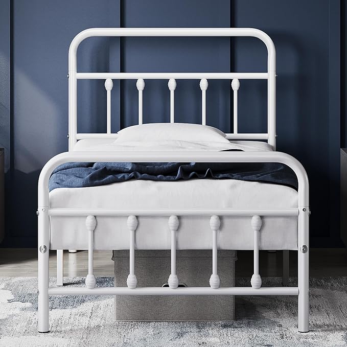 Yaheetech Classic Metal Platform Bed Frame Mattress Foundation with Victorian Style Iron-Art Headboard/Footboard/Under Bed Storage/No Box Spring Needed/Twin Size White