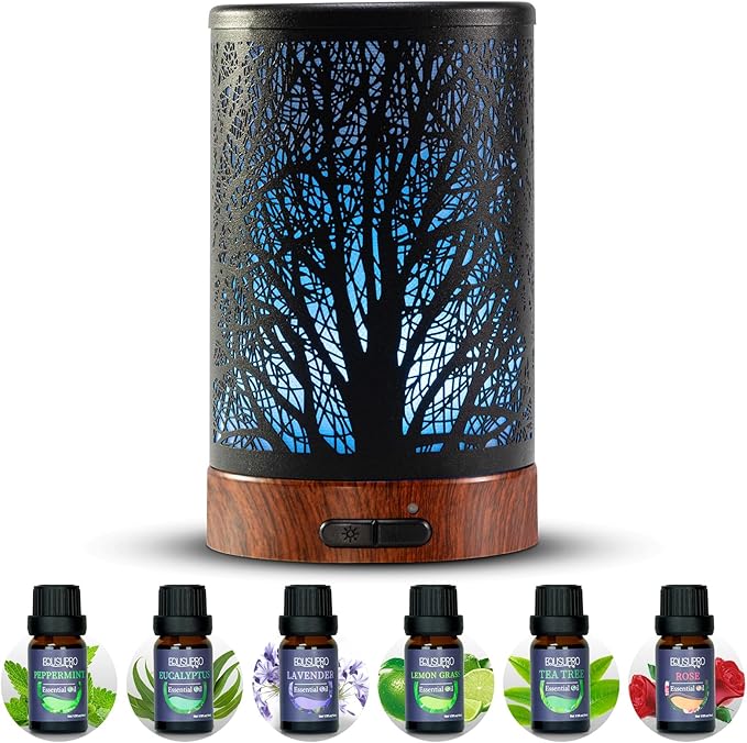 Oil Diffuser with Essential Oils Set – Aromatherapy Diffuser 150ml with 6 Essential Oils Set, Diffuser for Essential Oils, Auto Off Protection 7 Colors Night Light Gifts for Mom(Diffuser & Oils Set)