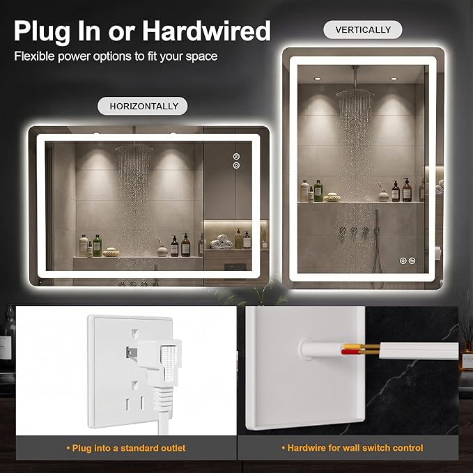 LED Bathroom Vanity Mirror with Light, 30"x20" Led Bathroom Vanity Mirror with Light for Wall, Anti-Fog, Dimmable 3 Colors, Memory Function, Backlit and Front Lit, Plug-in/Hardwired