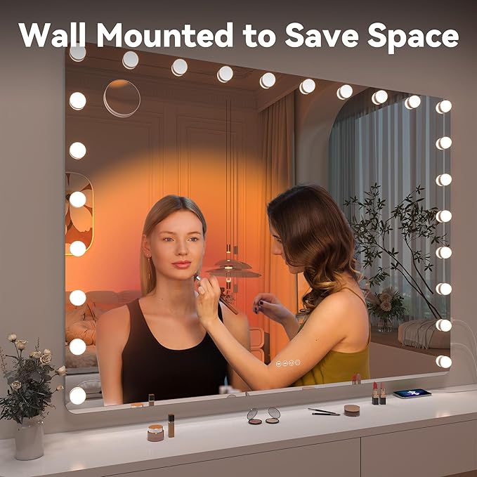 Hasipu LED Makeup Mirror with Bluetooth Speaker, 47" x 35" Makeup Mirror with Lights and Magnification, Hollywood Mirror with 3 Color Modes, LED Make up Mirror with USB & Type-C Charging