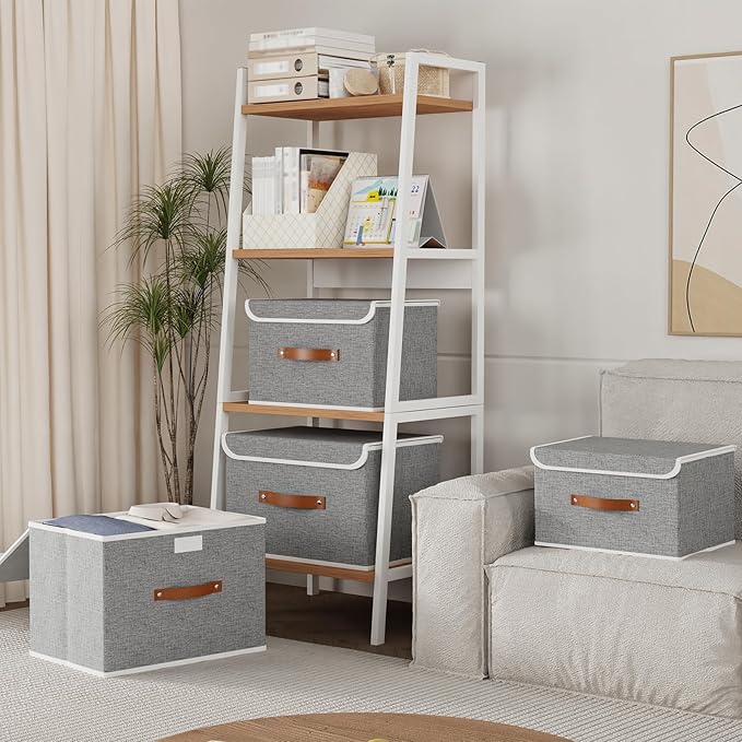 Yawinhe Collapsible Storage Bin, Cube Organizer Basket, Fabric Box with Lids, Washable and Leather Handle, for Home, Closet, Grey, 15.0''Lx9.8''Wx9.8''H, 5-Pack, USNK024GL-5