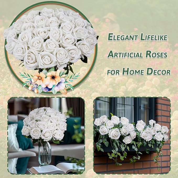 100 PCS Fake White Roses, Artificial Flowers Bulk Realistic Silk Faux Ivory Rose with Stems for Wedding Decorations Table Centerpieces Bridal Bouquet DIY Floral Arrangement Event Party Home Decor