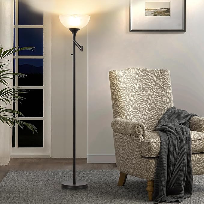Floor Lamps for Living Room Black, 70" Tall Standing Lamp with Glass Shade, Torchiere Floor Lamp with 350°Adjustable Swing Arm Lamp, Pole lamp for Bedroom, Living Room, Office, Bulbs Included