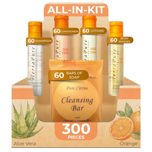 Terra Pure Wild Citrus Hotel Amenities Set | 1-Shoppe Amenities Kit | 1oz Shampoo, Conditioner, Body Wash, Lotion, Bar Soap | Travel Size | 300 Pieces