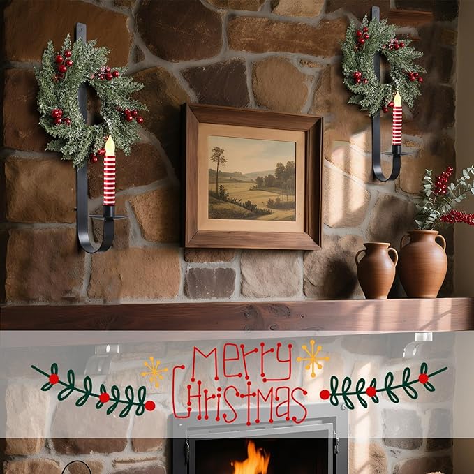 2 Set Christmas Metal Wall Candle Sconce Holder Wall Mount Candle Holder with Berry Wreath for Farmhouse Living Room Entryway Fireplace Bedroom Bathroom Decor, Only Applicable to LED Candles