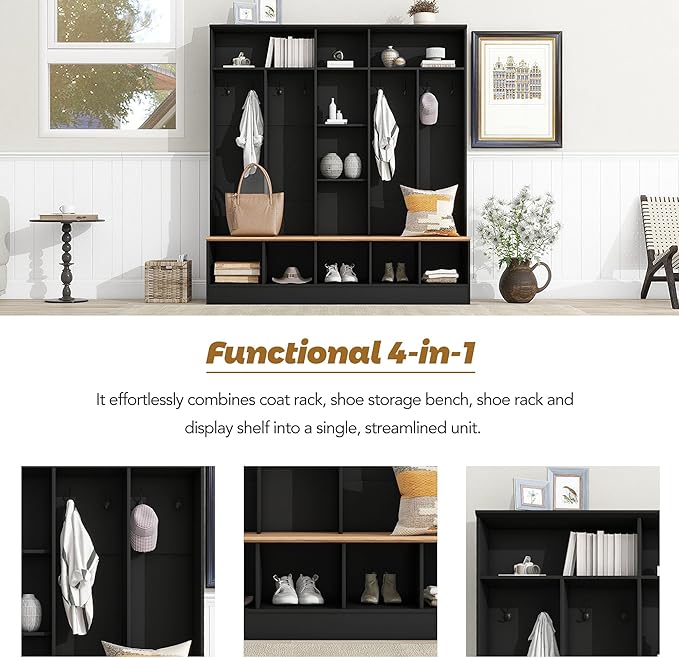 Merax 72'' H Hall Tree with Shoe Storage Bench, Modern Hall Tree with Storage Shelves & 8 Hooks, Coat Rack for Entryway, Mudroom, Hallway, Living Room,Black