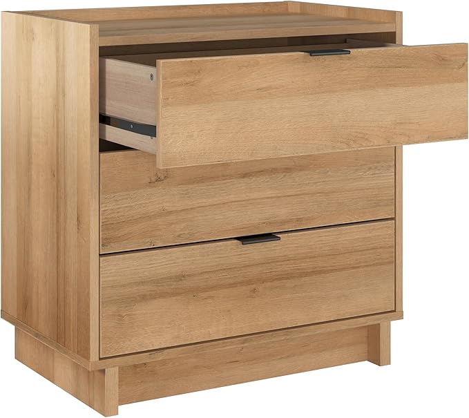 Prepac Simply Modern Nightstand Bedside Table, Natural Oak Nightstand for Bedroom, End Table with 3 Drawers 26.5" W x 26.75" H x 16" D
