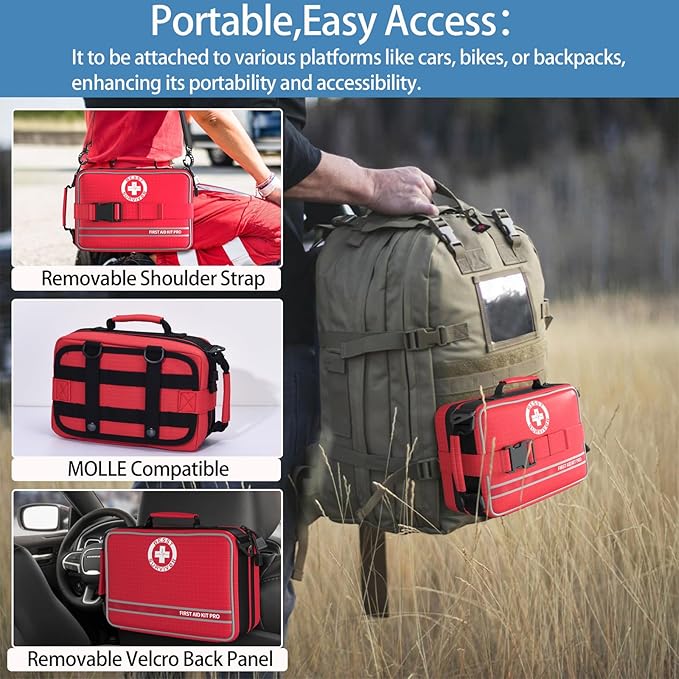 Comprehensive First Aid Kits, Premium Trauma Kit with Labeled Compartments for Home, Car, Travel, Camping, Vehicle, School, Tear-Resistant Medical Kit for Sports & Emergency Needs