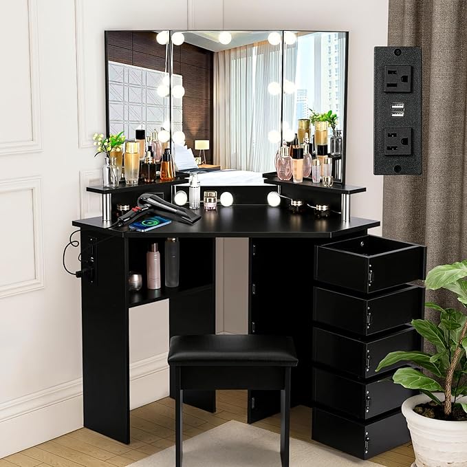 VOWNER Vanity with Lights - Makeup Vanity Desk with Power Outlet, 3 Color Lighting Options Brightness Adjustable, Vanity Table with 5 Rotating Drawers, Shelves and Stool for Bedroom, Black