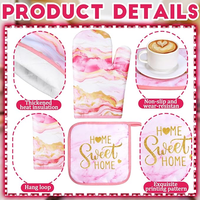 Fourluoo 10 Pcs Kitchen Dish Towels Rugs Oven Mitts and Pot Holders Kit Farmhouse Kitchen Decor Set Gloves Vintage Potholders for Baking Cooking Chef(Pink,Modern)