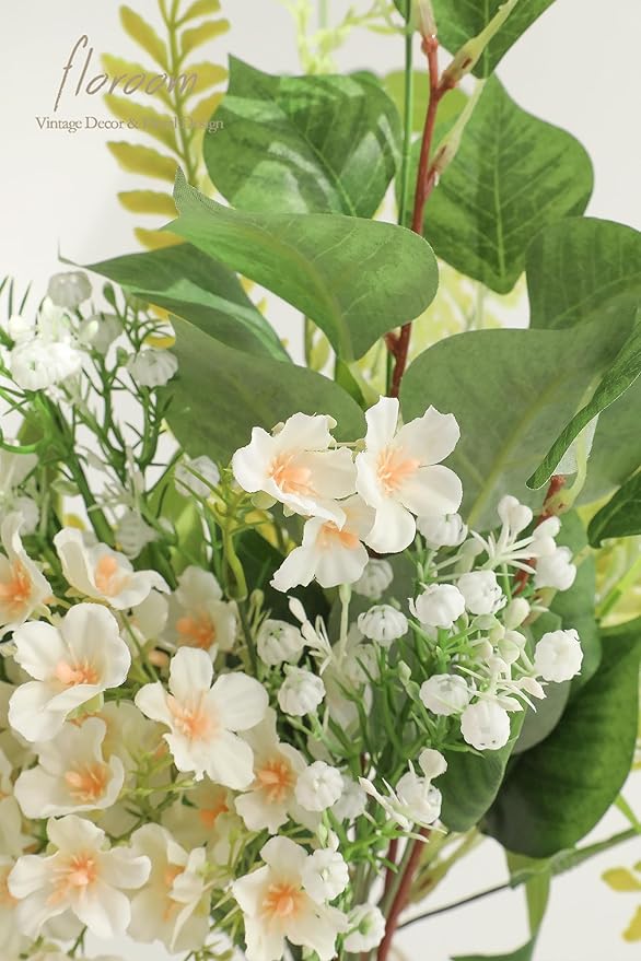 Floroom Artificial Greenery Stems Box Set, 35pcs with 5 Kinds of Faux Greenery Flowers Picks for DIY Bridal Bouquets Wedding Floral Arrangement Table Centerpieces, Light Green & White