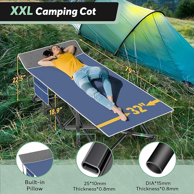 Slendor Oversized XXL Camping Cot, Folding Cot for Adults, 79" L x 32" W x 19" H Sleeping Cot with Mattress, Carry Bag, Camp Cot Bed for Travel, Guest, Support 500lbs, Blue Cot+ Blue Pad