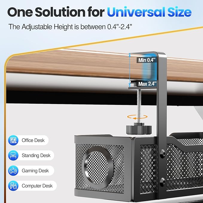 Cable Management Under Desk Tray, No Drill Cable Management Box With Clamp for Wire Organization, Cord Organizer for Office, Home - No Damage to Desk (Black)