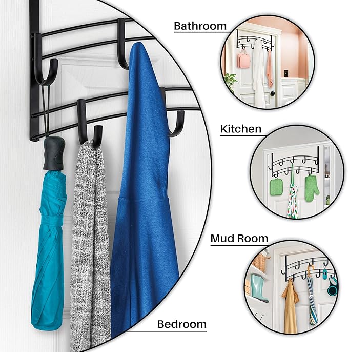 LYNK Professional® Home™ Over The Door Hooks - 9 Hook Over The Door Hanger - Over Door Coat Rack - Hanging Towels or Clothes - Bathroom, Bedroom or Laundry Room - Lifetime Ltd. Warranty – Black