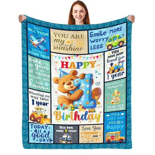 CIUGOIG 1 Year Old Boys Gifts, Happy 1st Birthday Blanket 50"x40", 1st Birthday Gifts for One Year Old Boys, Baby Boy First Birthday Gift Ideas, Teddy Bear 1st Birthday Decorations for Boy Blanket