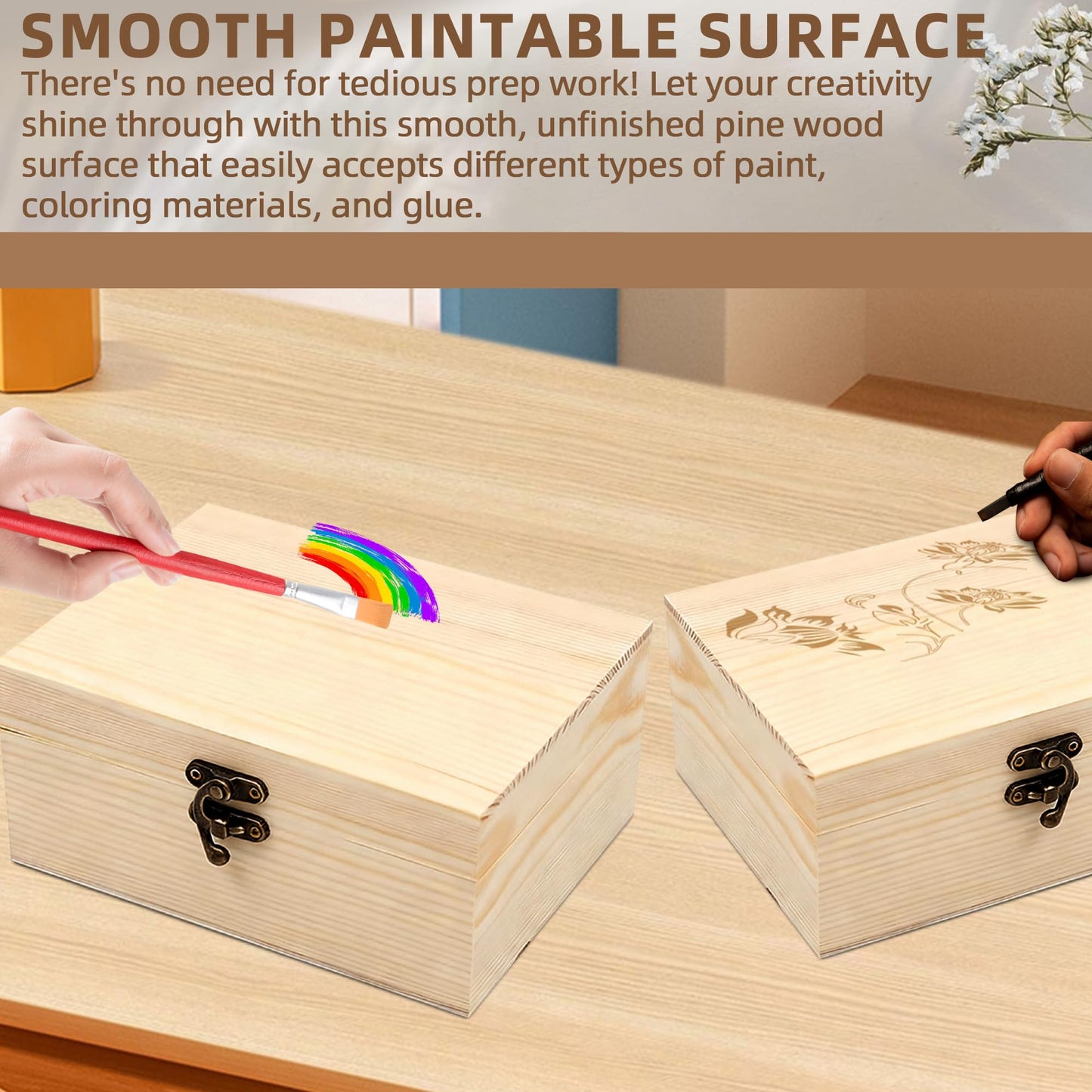 VIKOS Products Unfinished Unpainted Wooden Box with Hinged Lid for Crafts DIY Storage Jewelry Plain Pine Box - Small 6.7"x5.1""x3.1"" - 2-Pack"