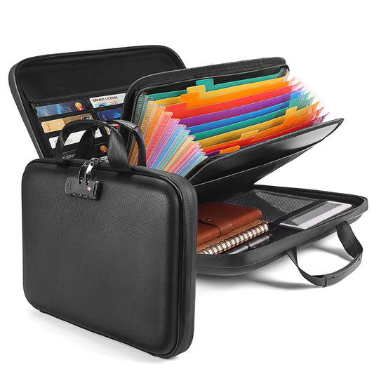 Calenzana Fireproof Document Boxes with TSA Lock, Upgraded 16 Pockets Fireproof＆Water Resistant File Organizer, Hard-Shell Safe Box for Important Certificates, Passport, Laptop