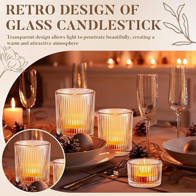 Mumufy 24 Pcs Assorted Votive Candle Holders Ribbed Glass Tealight Candle Holder Bulk for Table Centerpiece, Baby Shower, Home and Wedding Party Decoration (Clear)