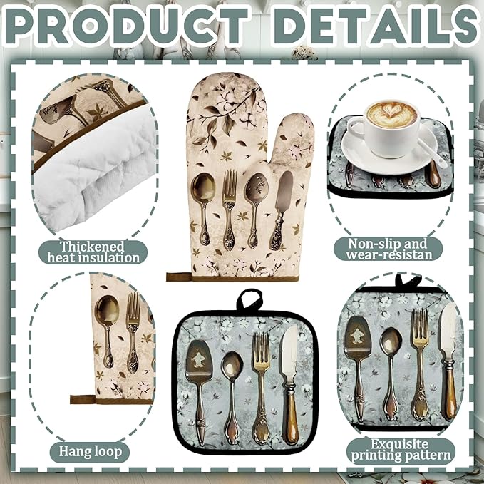 Fourluoo 10 Pcs Farmhouse Kitchen Decor and Accessories Set 4 Kitchen Towels 2 Pot Holders 2 Oven Mitts 2 Rugs for Cooking Baking Mom Housewarming Gifts(Soft Color,Elegant Style)
