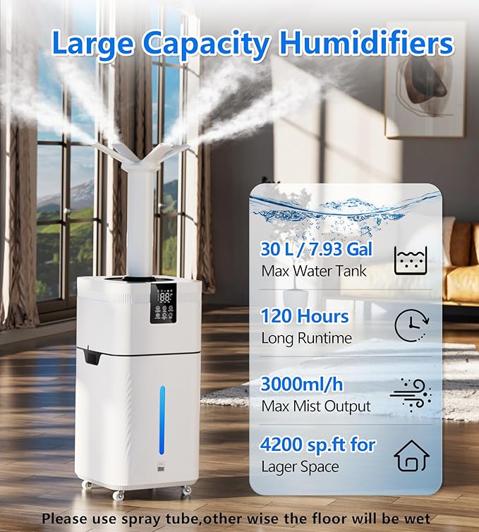 30L/7.93Gal Humidifier Large Room 4200 ft², Supersized Cool Mist, 120H Quiet Humidifiers for Bedroom, 3000mL/h Mist Output, Touch/Remote Control, Humidifiers for Home, Whole House, Plant, White