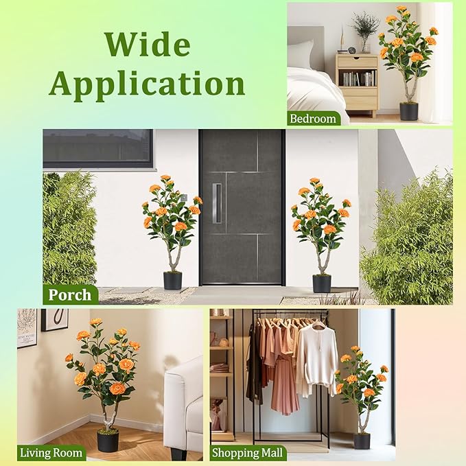 GOFLAME 3FT Artificial Camellia Tree, 2 Pack Faux Camellia Plant with Orange Flowers, Solid Wood Trunk, Realistic Moss, Greenery Potted Decoration Tree for Indoor Outdoor Home Porch Front Door