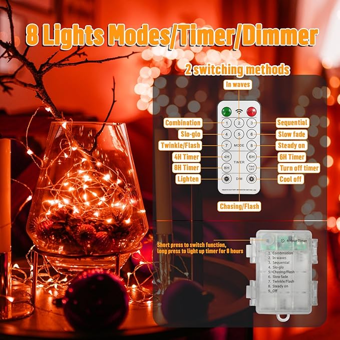 LAMPHOME 100 LED 33FT Red Valentine Lights, Valentine's Day Fairy Lights Battery Operated, Twinkle String Light Multi Functions & Timer with Remote for Christmas Bedroom Wedding DIY Centerpiece Decor