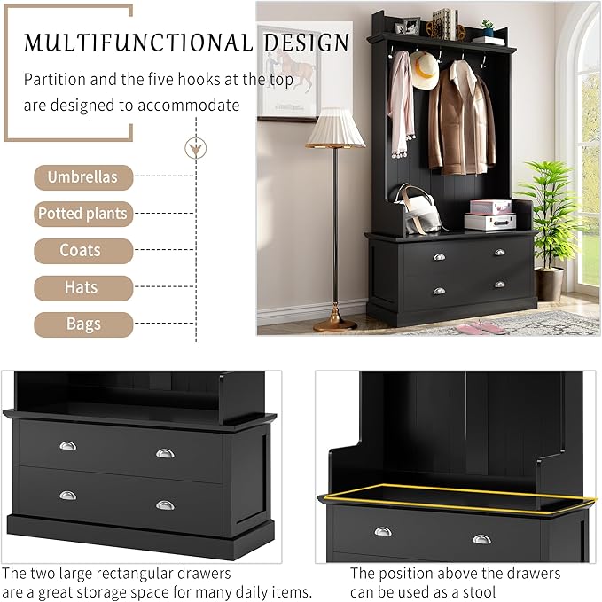 RUNNA Wooden 38.5" Wide Hall Tree with Coat Rack and 2 Large Drawers,Bench,5 Metal Hooks and Handles,For Livingroom Hallway Entryway Use (Black@Drawers)