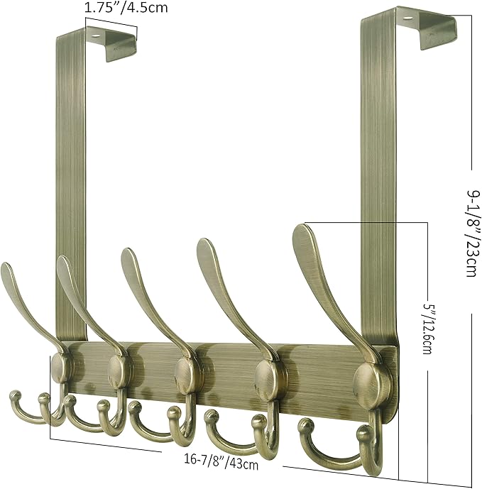 SKOLOO Over The Door Hook - for Doors up to 1-3/4'' Thickness, Pack of 2, Metal Door Hanger with 5 Triple Hooks, Bronze Over The Door Hanger for Coats, Hats,Towels, Assembly Required