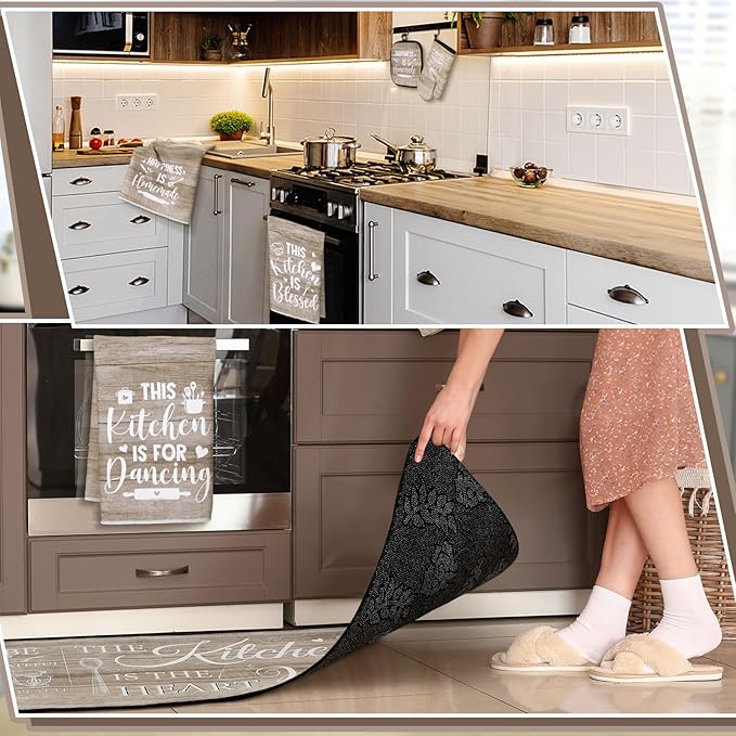 Fourluoo 10 Pcs Farmhouse Kitchen Decor and Accessories Set 4 Kitchen Towels 2 Pot Holders 2 Oven Mitts 2 Rugs for Cooking Baking Mom Housewarming Gifts(Brown,Classic Style)