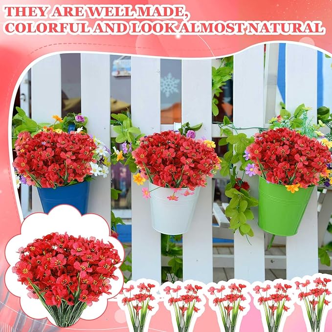 Lyrow 100 Bundles Violet Artificial Flowers, UV Resistant Faux Flowers Outdoor, Faux Silk Flowers, Fake Violet Flowers Bulk for Front Porch Hanging Garden Courtyard Farmhouse Home(Red)