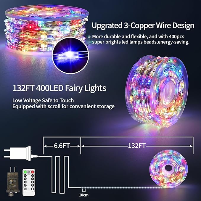 132 FT 400 LED Fairy Lights Plug in Christmas String Lights Outdoor Waterproof Twinkle Lights with Timer 8 Modes Memory for Holiday Wedding Party Tree Wall Bedroom Garden Decorations-Multicolored